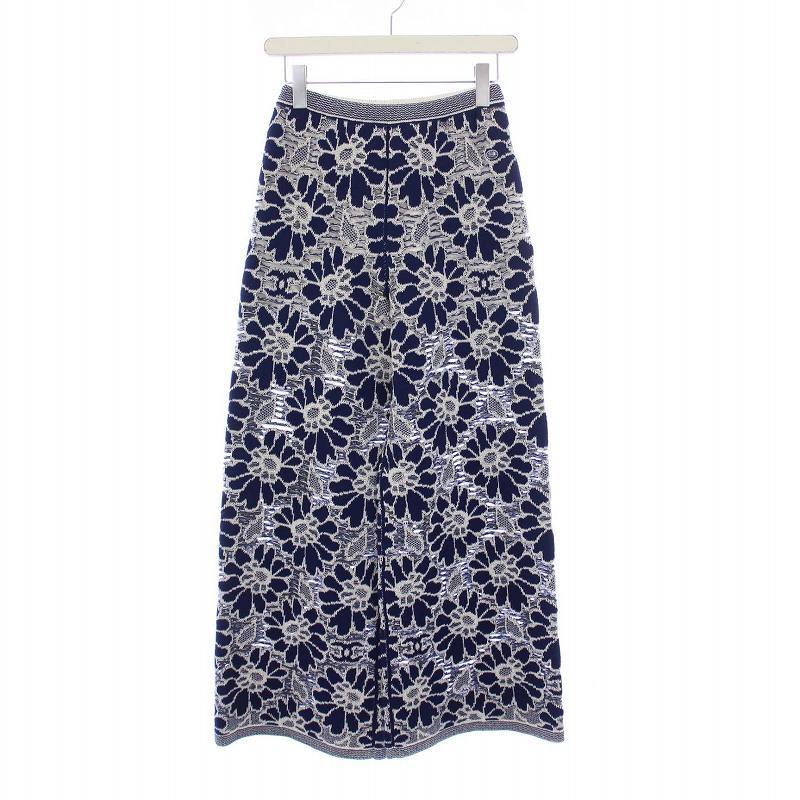  Chanel CHANEL 20P flower here Mark wide pants knitted Easy total pattern 34 XS navy blue navy P63302K48842 /KH lady's 
