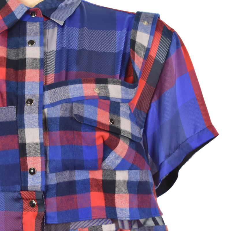 サカイ sacai 22SS Plaid Shirt ドッキング 素材切替 シャツ ブラウス 半袖 チェック 2 青 ブルー 22-06205 レディース_画像6