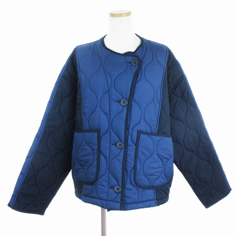 ザラ 美品 WATER-REPELLENT QUILTED JACKET 中綿ジャケット キルティング ナイロン バイカラー 黒 紺 ブラック ネイビー L ■SM1_画像1