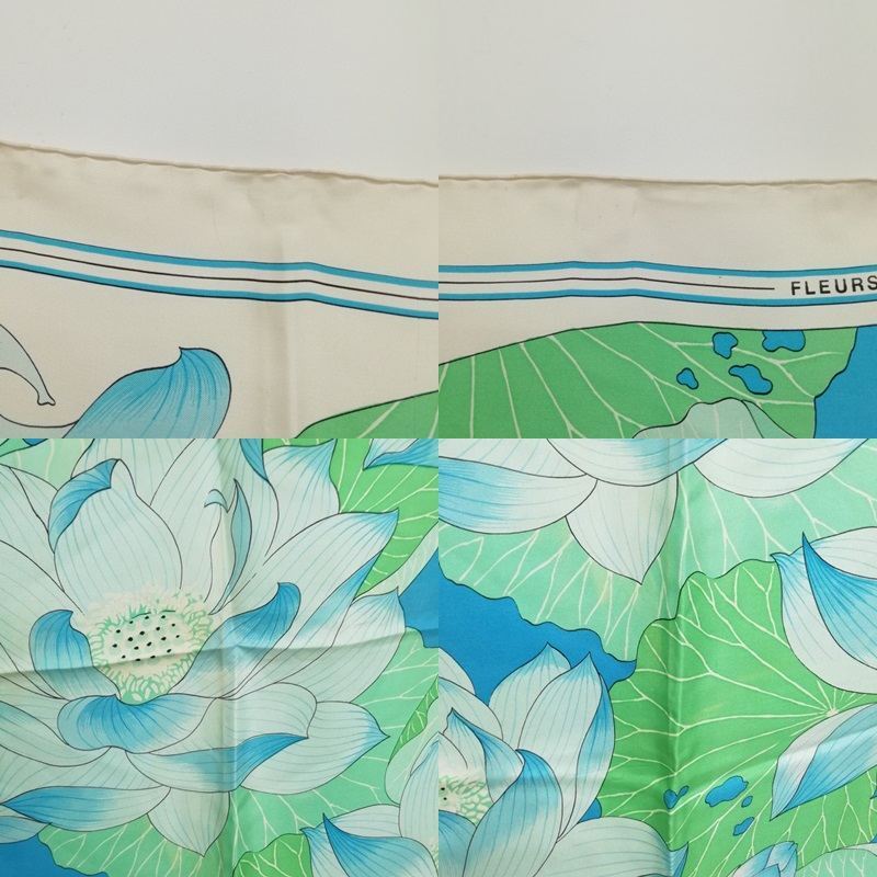 エルメス HERMES カレ90 蓮の花 FLEURS DE LOTUS 大判 スカーフ ブルー グリーン レディースの画像7