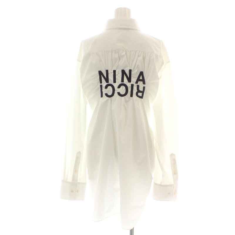ニナリッチ NINA RICCI シャツ 長袖 オーバーサイズ ロゴ刺繍 ギャザー 34 S 白 ホワイト 紺 ネイビー /NW44 レディース_画像1