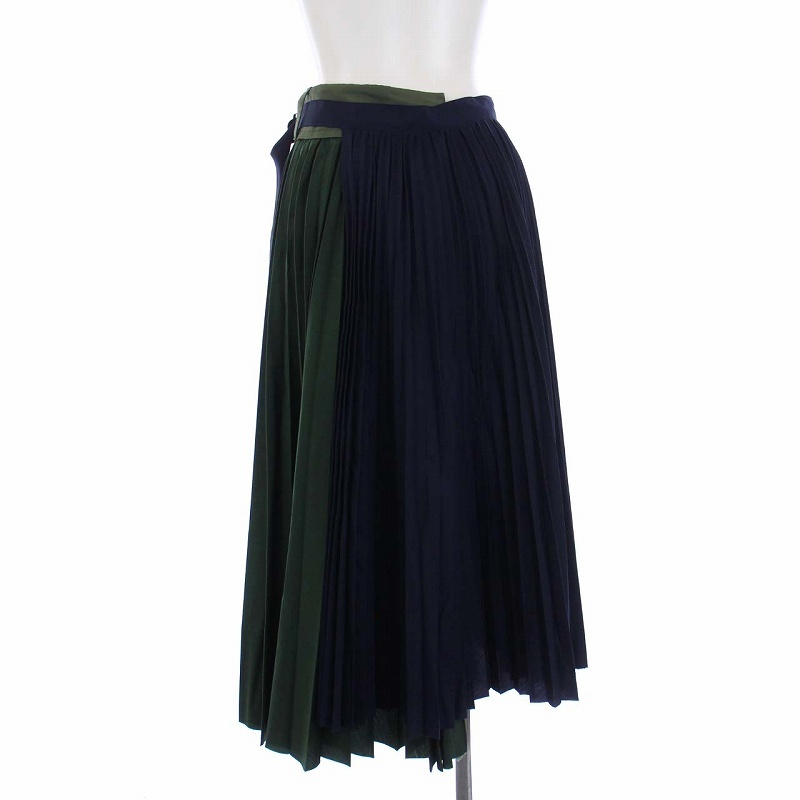 サカイ Cotton Poplin Pleated Skirt コットンポプリン プリーツスカート ロング 変形 アシンメトリー 1 S 紺 カーキ 20-04887_画像3