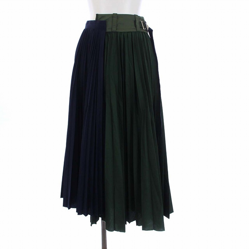 サカイ Cotton Poplin Pleated Skirt コットンポプリン プリーツスカート ロング 変形 アシンメトリー 1 S 紺 カーキ 20-04887_画像1