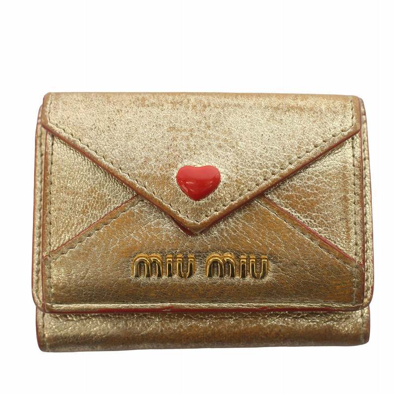 ミュウミュウ miumiu 三つ折り財布 ミニウォレット マドラスラブ ハートレター ロゴ レザー ゴールド色 5MH021_2BC3_F0846 ■GY19_画像1