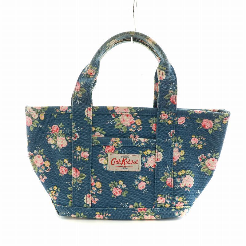 キャスキッドソン Cath Kidston ミニトートバッグ ハンド デニム調 キャンバス 花柄 ロゴ 青 ブルー マルチカラー レディース_画像7