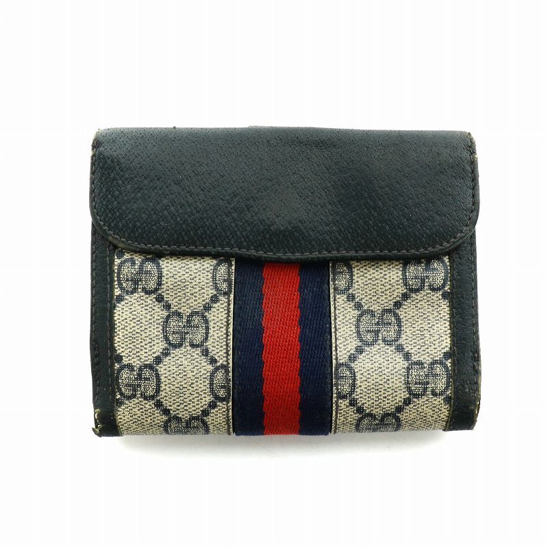 グッチ GUCCI ヴィンテージ 二つ折り財布 ウォレット GG柄 シェリーライン ロゴ レザー 黒 ブラック ベージュ ■GY18 /MQ ■OH メンズ_画像2