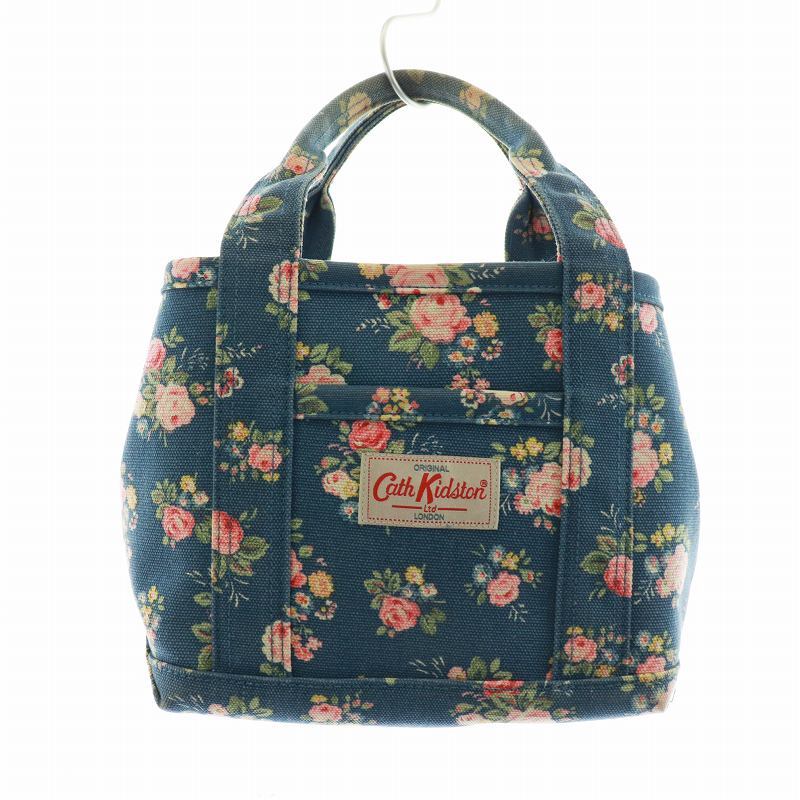 キャスキッドソン Cath Kidston ミニトートバッグ ハンド デニム調 キャンバス 花柄 ロゴ 青 ブルー マルチカラー レディース_画像1