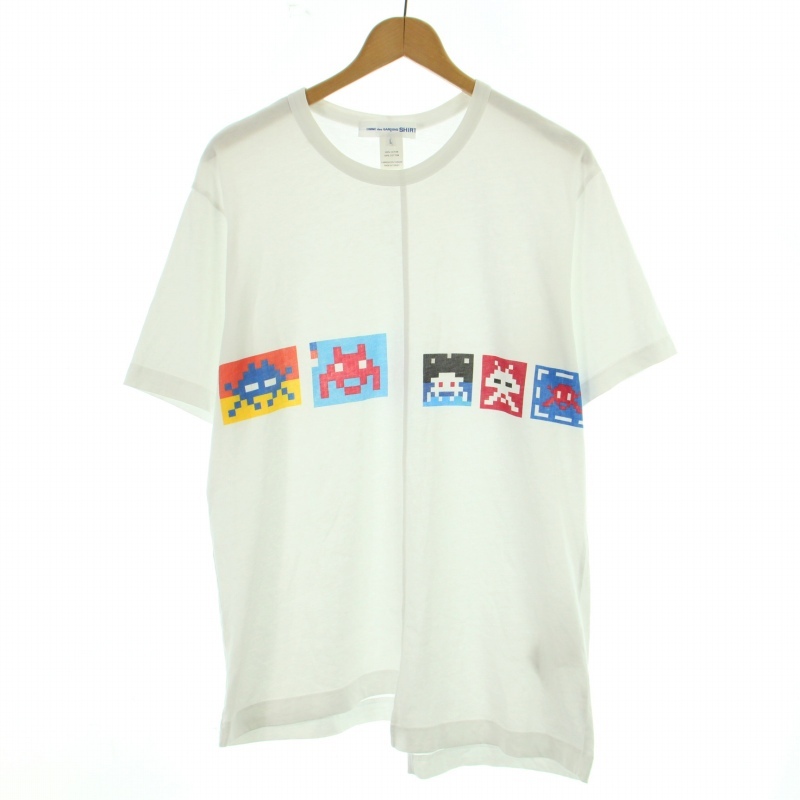 コムデギャルソンシャツ COMME des GARCONS SHIRT Invader Tシャツ カットソー 半袖 クルーネック アシンメトリー プリント L 白の画像1
