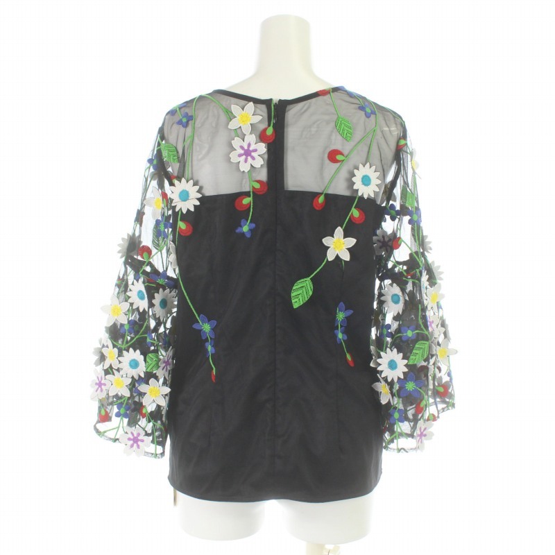  unused goods Chesty tag attaching cut and sewn blouse sia- see-through switch flower motif flair sleeve 7 minute sleeve 1 S black 