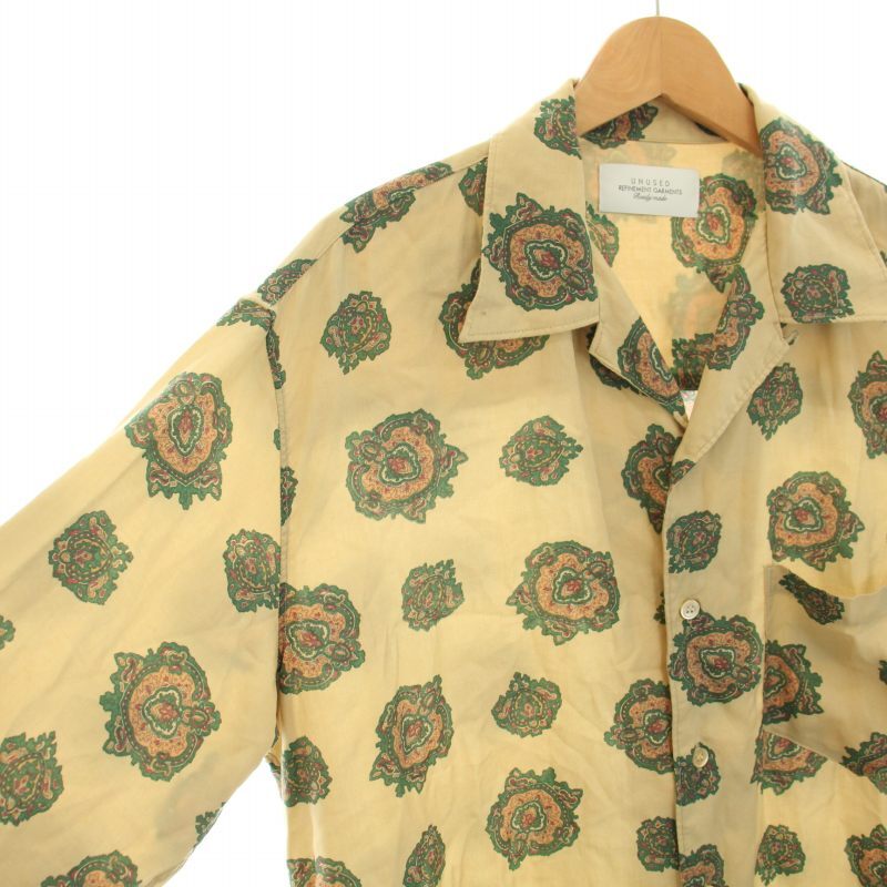 アンユーズド UNUSED エンブレムパターンシャツ Emblem pattern shirts オープンカラー 長袖 総柄 2 M ベージュ 緑 グリーン /YT メンズ_画像5