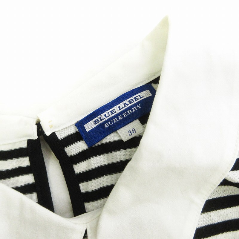 バーバリーブルーレーベル Tシャツ カットソー フレンチスリーブ ロゴ 刺繍 襟 ボーダー 黒 白 ブラック ホワイト 38 M相当_画像7