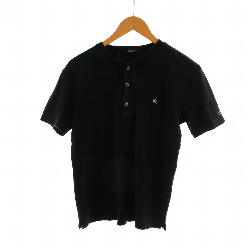 バーバリーブラックレーベル BURBERRY BLACK LABEL Tシャツ カットソー 半袖 ヘンリーネック ハーフボタンノバチェック ロゴ 2 M 黒_画像1