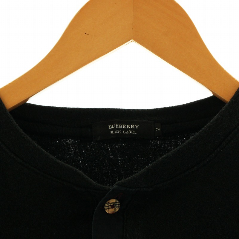 バーバリーブラックレーベル BURBERRY BLACK LABEL Tシャツ カットソー 半袖 ヘンリーネック ハーフボタンノバチェック ロゴ 2 M 黒_画像4