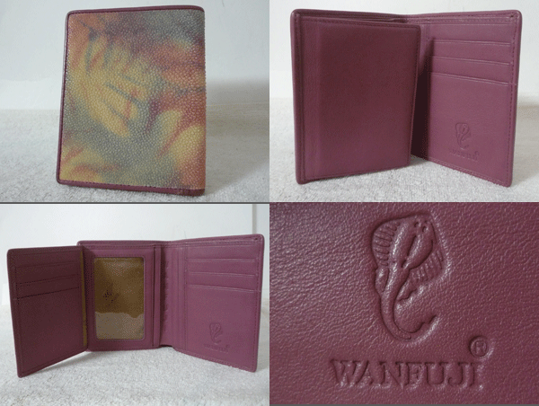 WANFUJI　スティングレイ　レザー　マルチカラー　ピンク系　二つ折り　財布　札入れ　ウォレット　レディース_画像2