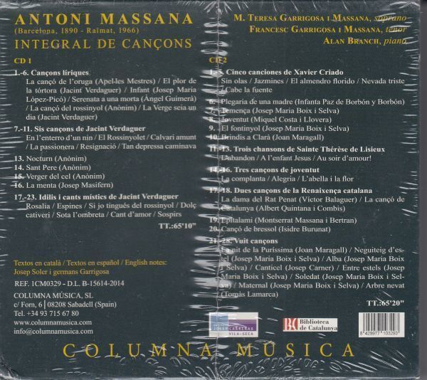[2CD/Columna Musica]A.マッサーナ(1890-1966):叙情的な歌&J.ヴェルダゲの6つの歌他/T.ガリゴーザ(s)&F.ガリゴーザ(t)&A.ブランチ(p)_画像2