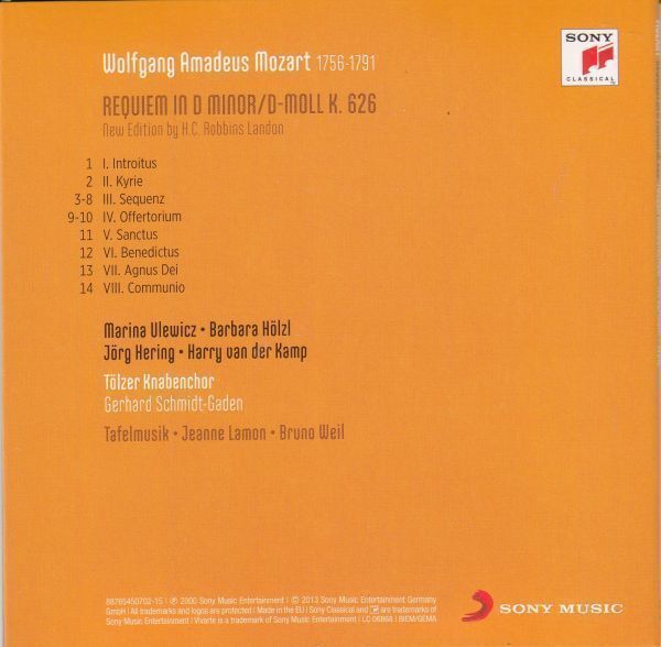 [CD/Sony]モーツァルト:レクイエムニ短調K.626/M.ウレヴィッツ&B.ヘルツル他&B.ヴァイル&ターフェルムジーク・バロック管弦楽団 1999_画像2
