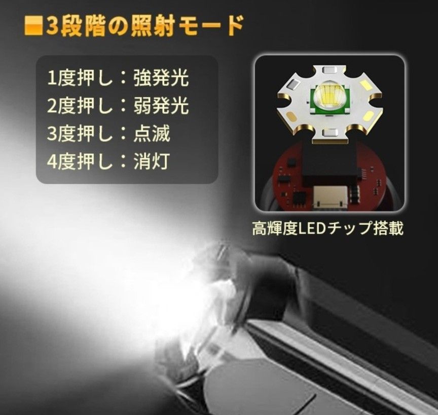 懐中電灯 LEDライト USB充電 ハンディライト　野外 防水 ポータブル アウトドア