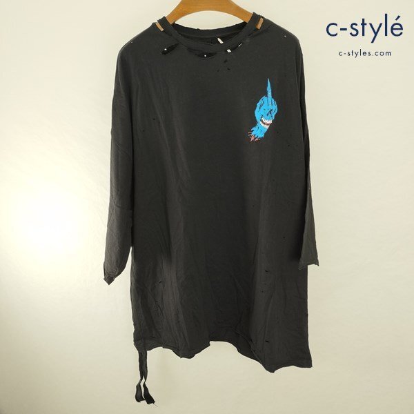 E838a [春夏][人気] UNRAVEL PROJECT アンレーベルプロジェクト ダメージTシャツ XS ブラック オーバーサイズ 半袖 | トップス Pの画像1
