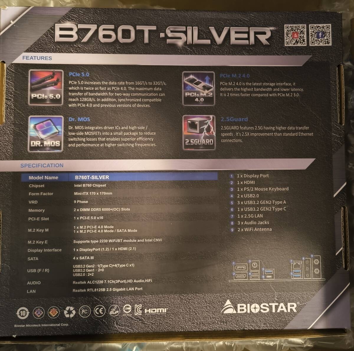 BIOSTAR B760T-SILVER Mini-ITX マザーボード ( Intel B760 / DDR5 / PCIe 5.0 / 2.5ギガビット LAN / Wi-Fiカード対応 / LGA1700 )_画像2