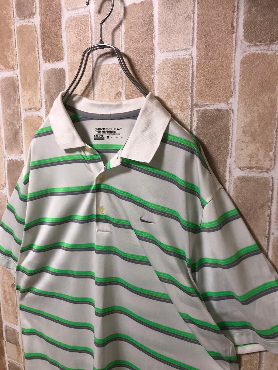 【NIKE】ゴルフ　DRI-FIT ポロシャツ　ボーダー　刺繍ロゴ　XL  半袖ポロシャツ