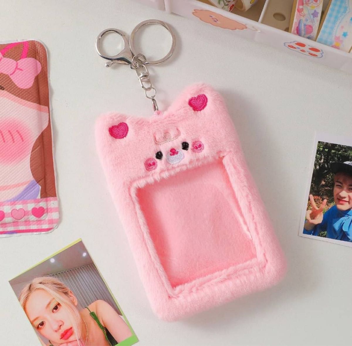 トレカ　ケース　推し活　アイドル　写真　カード　ふわふわ　くま　ネコ　動物　キーホルダー パスケース カード ぬいぐるみ