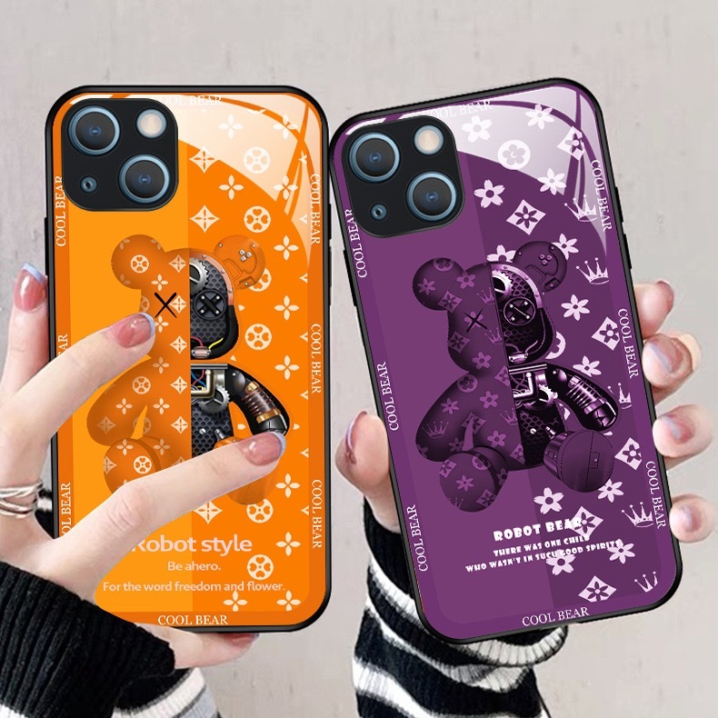 新カラー　iPhone15 14　携帯ケース　強化ガラス　高級感クマ　鮮やかな紫_画像2