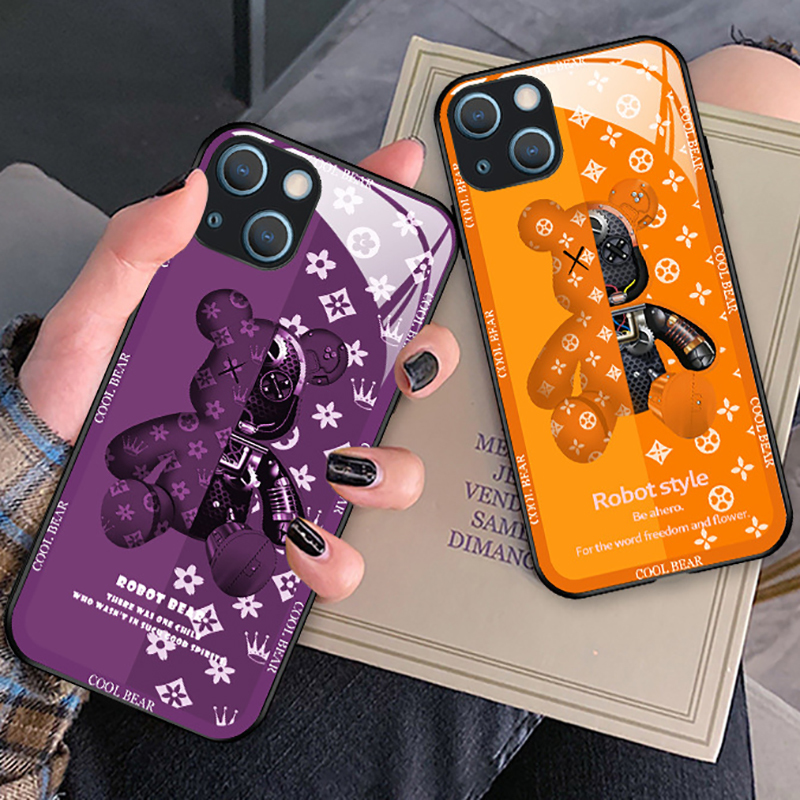 新カラー　iPhone15 14　携帯ケース　強化ガラス　高級感クマ　鮮やかな紫　オレンジ_画像1