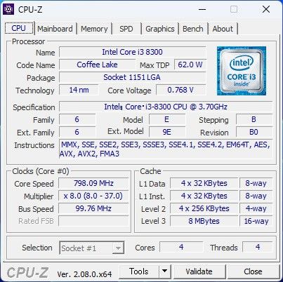 Intel Core i3 8300 4C/4T 3.7GHz 動作品