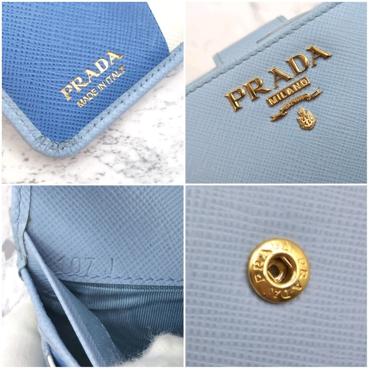 美品 PRADA プラダ サフィアーノ 折り財布 水色 トライカラー 財布 パステルブルー レザー ウォレットの画像9