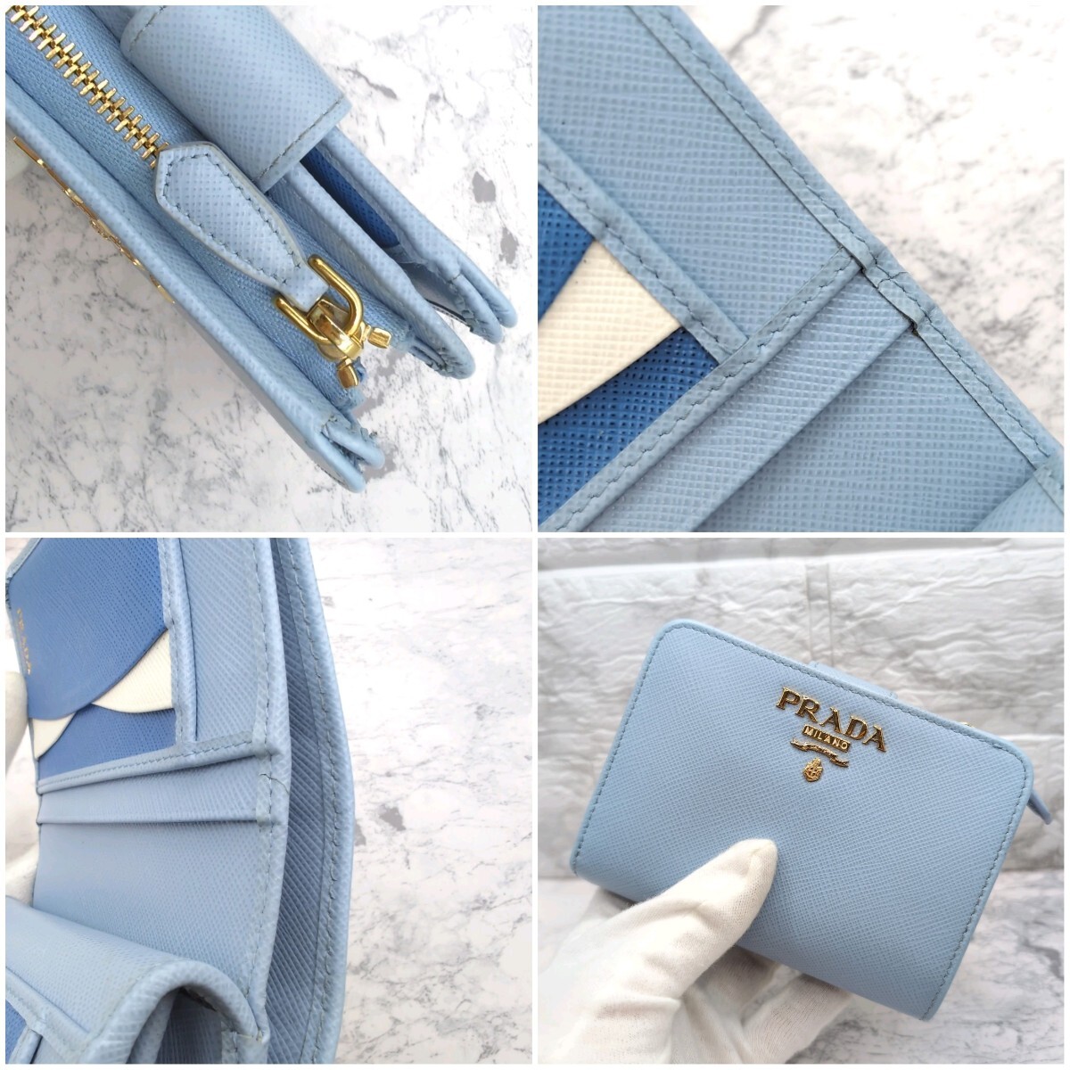 美品 PRADA プラダ サフィアーノ 折り財布 水色 トライカラー 美品 PRADA プラダ サフィアーノ 折り財布 水色 トライカラー