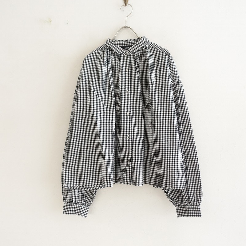 【美品】ミズイロインド mizuiro-ind *コットンギンガムチェックギャザーブラウス*綿黒×白シャツ(m25-2404-116)【42D42】_画像1