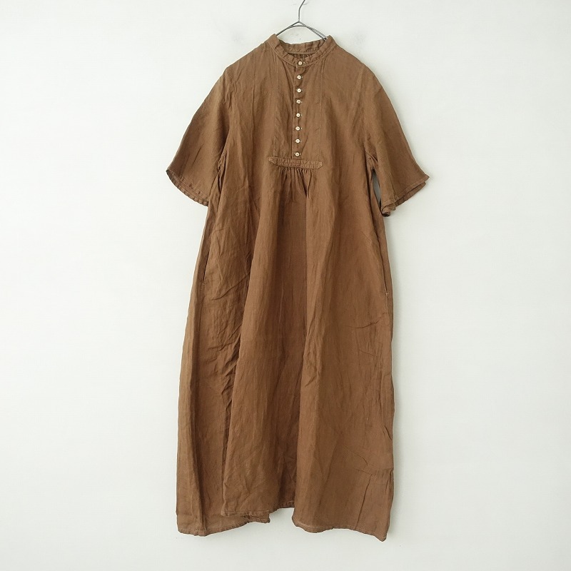 【染】ネストローブ nest Robe *リネンバンドカラーワンピース*F麻ブラウンギャザーフレアスリーブドレス(34-2403-101)【72D42】の画像1