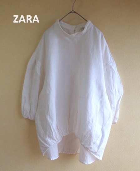 ●ZARAザラリネンプルオーバーブラウスL白●麻100％バルーン袖の画像1