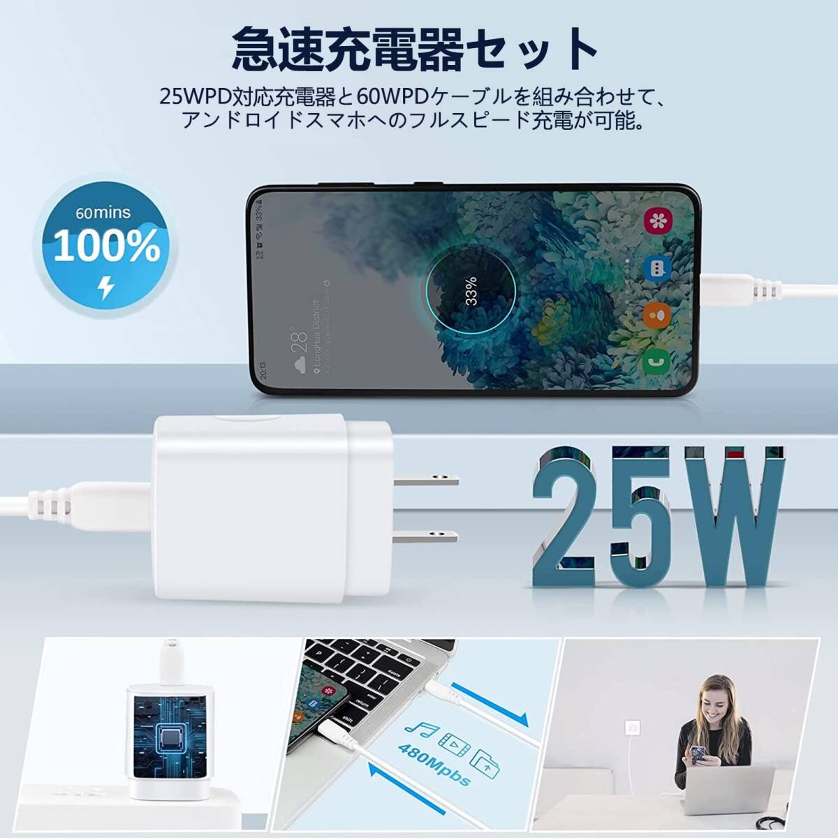 【在庫セール】PD Type-Cケーブル付き 充電器 充電器 ギャラクシー 充電器 60W Andriod タイプC充電器 Galの画像9