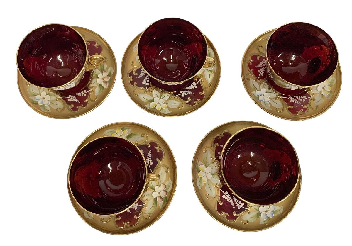 Venetian glass ヴェネチアン ベネチアングラス ティーセット カップ＆ソーサー シュガーポット ミルクポット 花柄 ゴールド レッドの画像7