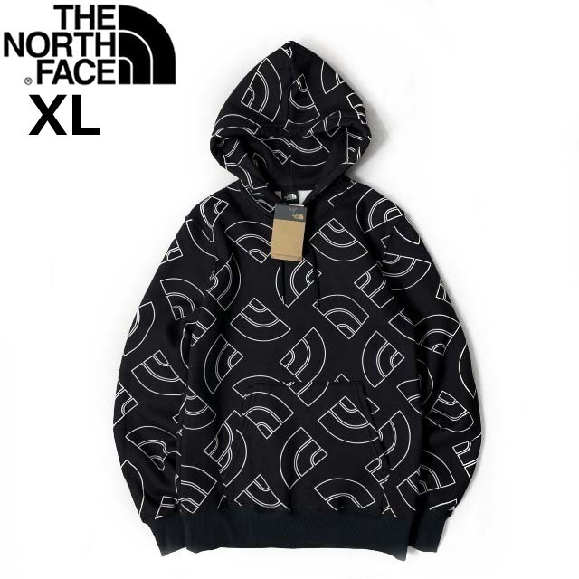 1円～!売切!【正規新品】THE NORTH FACE◆ALL OVER PRINT HOODIE パーカー US限定 裏起毛 ハーフドームロゴ 男女兼用(XL)黒 総柄 181130-35_画像3