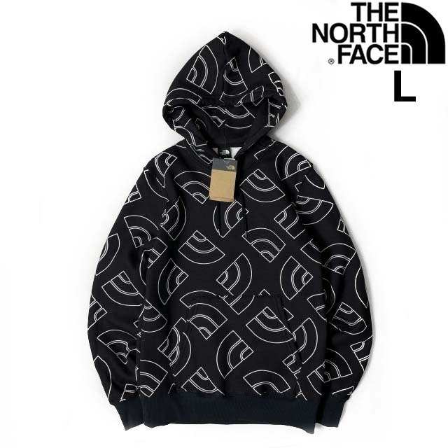 1円～!売切!【正規新品】THE NORTH FACE◆ALL OVER PRINT HOODIE パーカー US限定 裏起毛 ハーフドームロゴ 男女兼用(L)黒 総柄 181130-35の画像1