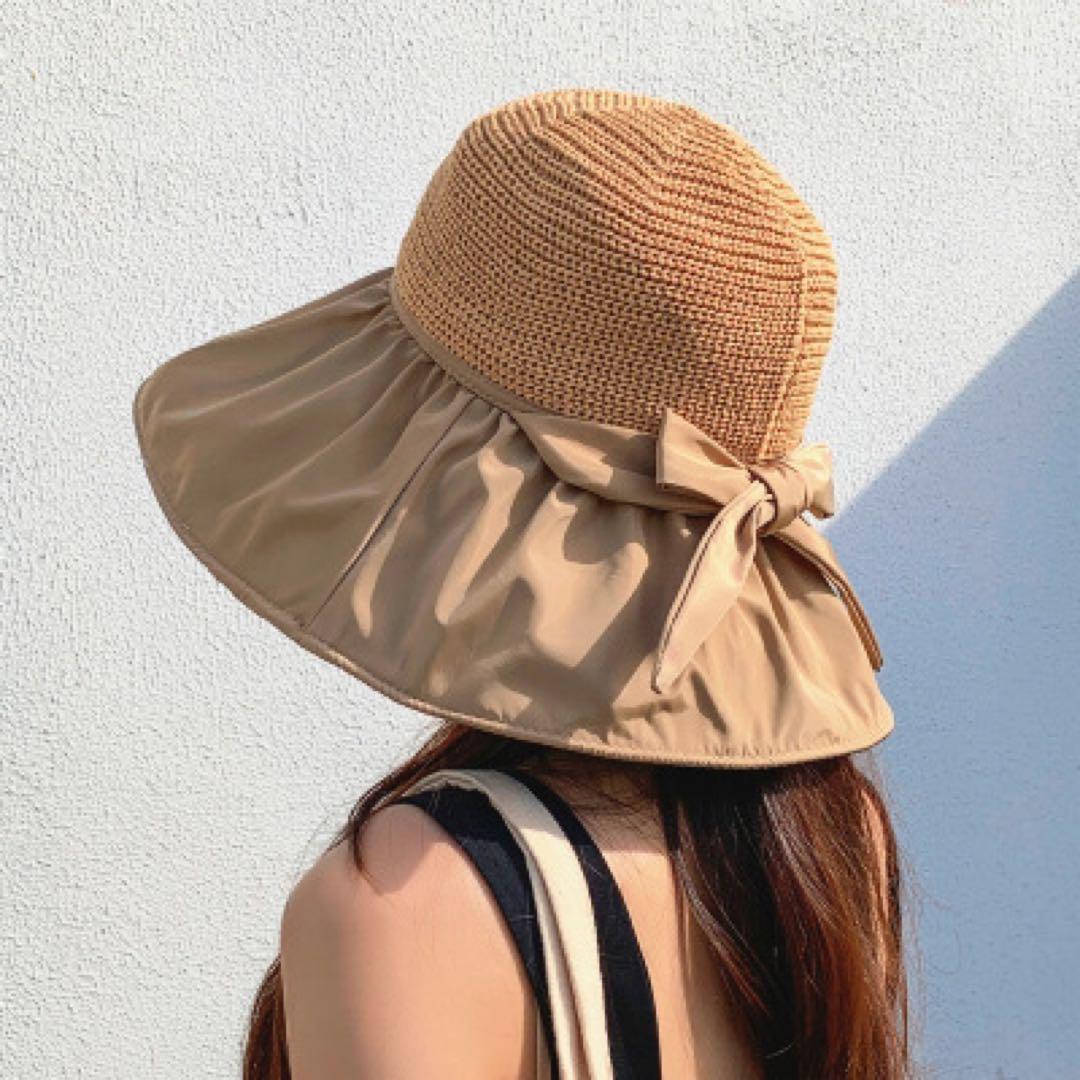 【ベージュ】レディース 麦わら帽子 紫外線 UVカット 日焼け防止 帽子 つば広