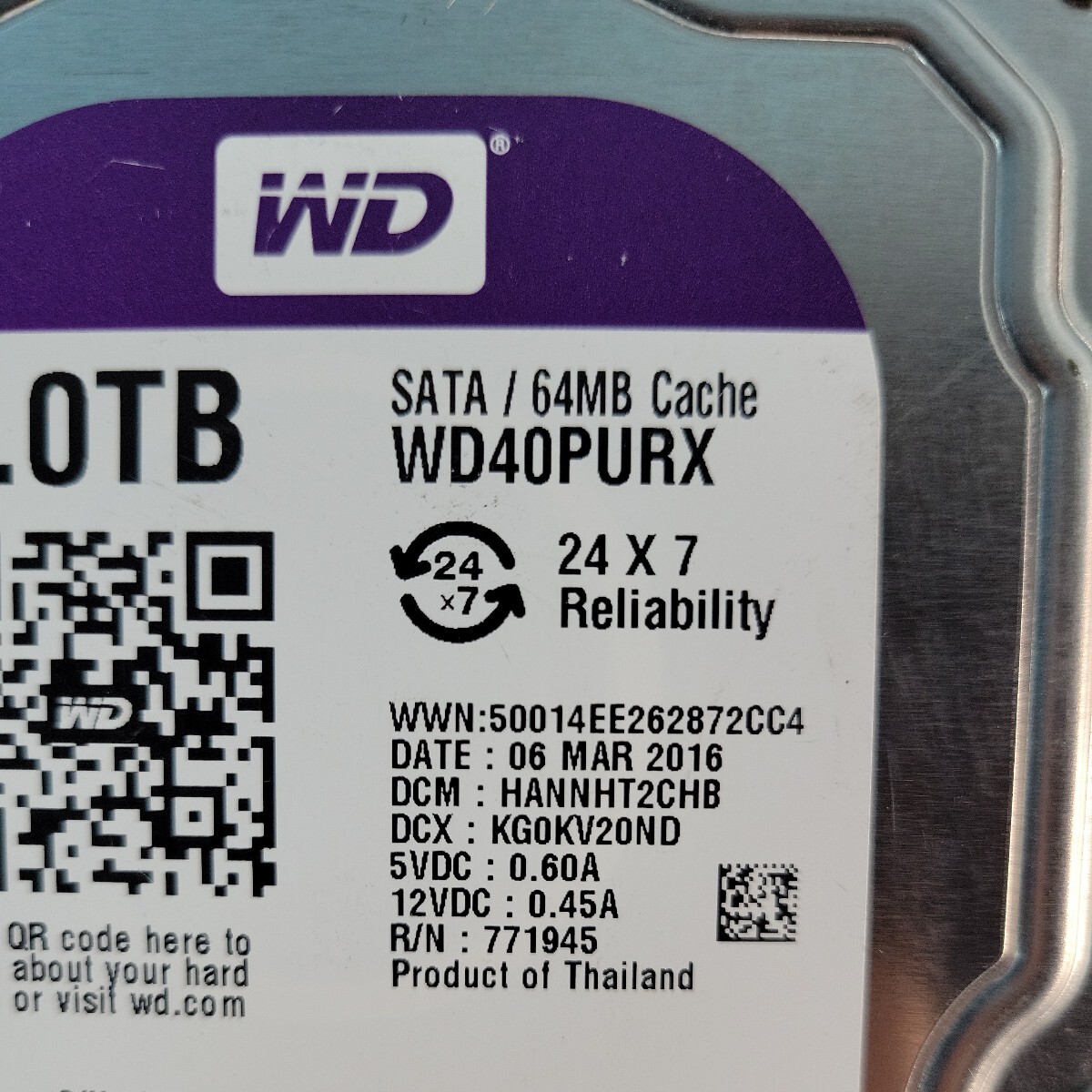 WD Western Digital WD40PURX 3.5インチ SATA HDD 4TB 中古作動品 管理番号 2404063 _画像2