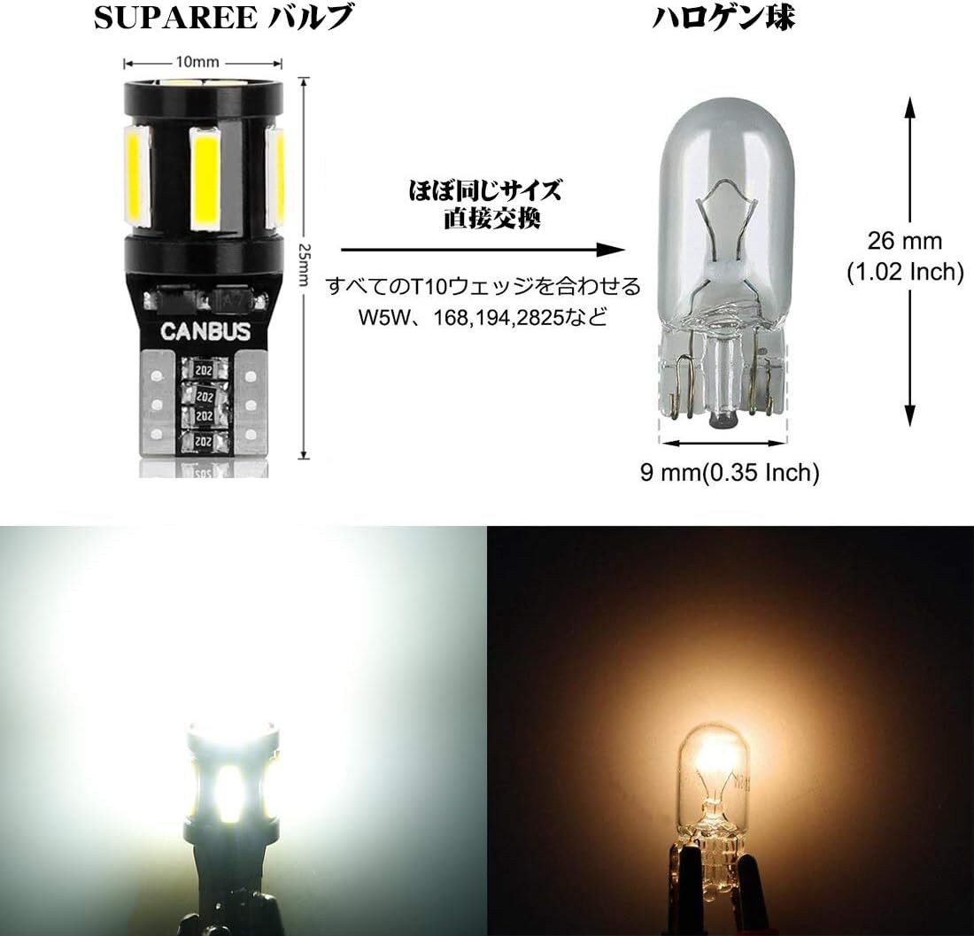 T10 LED 爆光 ホワイト ポジションランプ 10個 キャンセラー内蔵 10連SMDLED素子 30000時間寿命 12V ルームランプ/スモールランプ_画像4