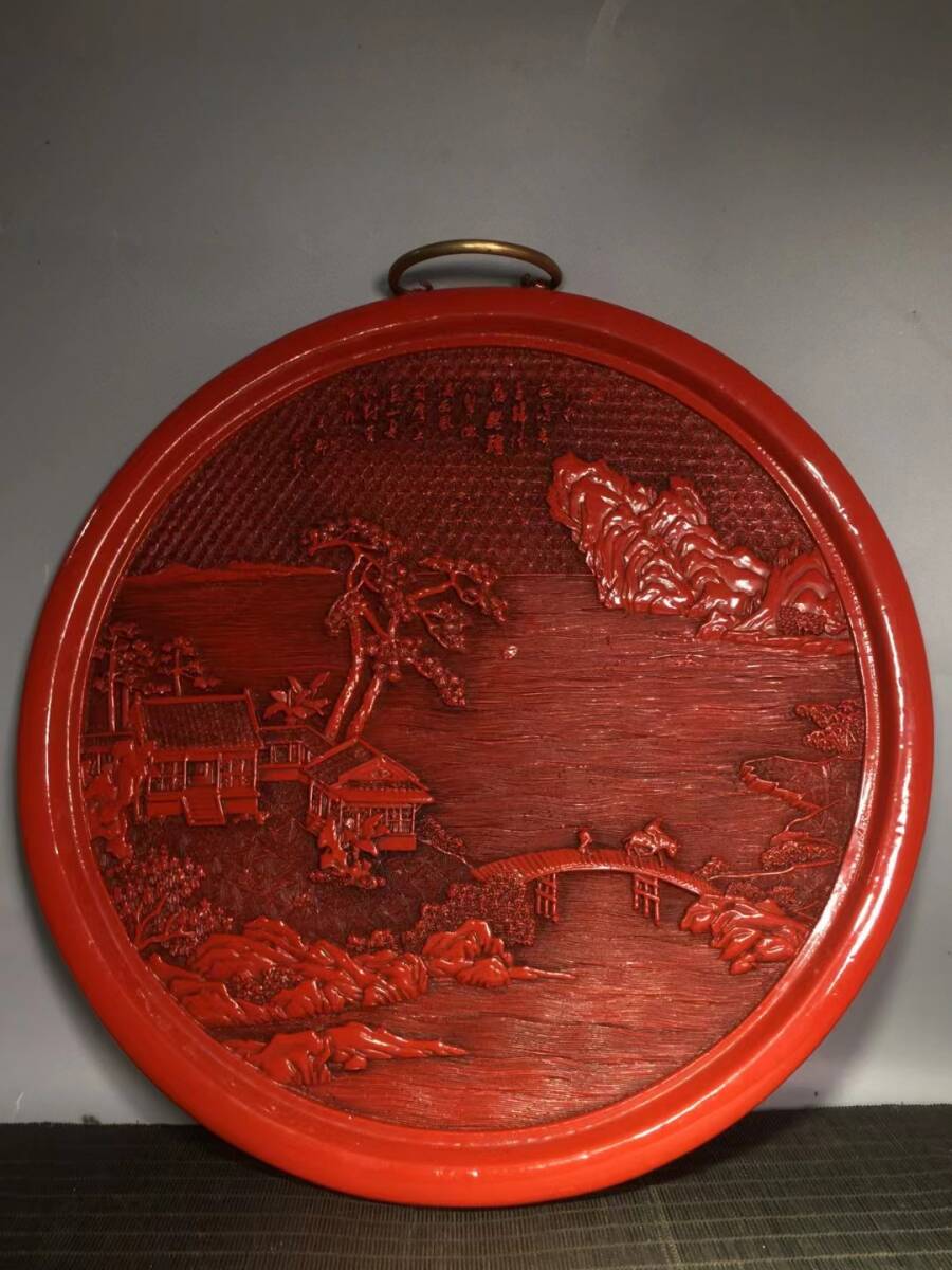 古代 剔紅漆器・ 珍品 收藏 【剔紅漆器 山水 風水掛屏 山為靠山水為財 有山有水發大財 】 極細工 置物 賞品 中国古美術品 時代物 4.15_画像5