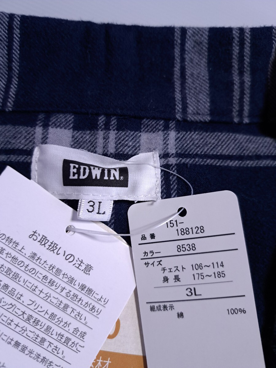 新品未使用　EDWIN メンズ 　３L　 長袖パジャマ 　 ルームウェア　ボタン　綿　即決送料無料 Aら　紳士　ネル　コットン　ビック