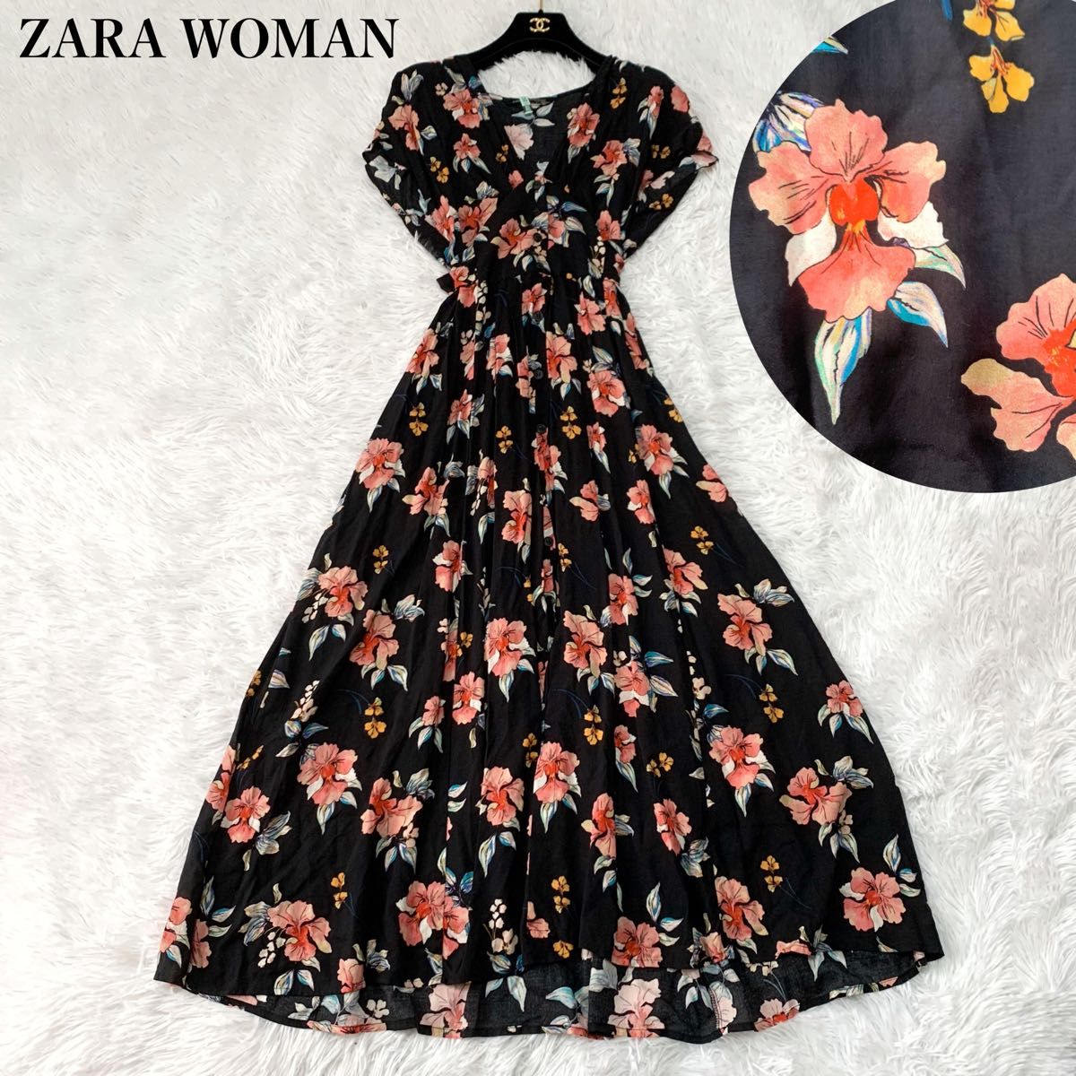 ３ ZARA WOMAN ザラウーマン ボタニカル柄ロングワンピース 花柄 フレアワンピース ウエストリボン Sサイズ