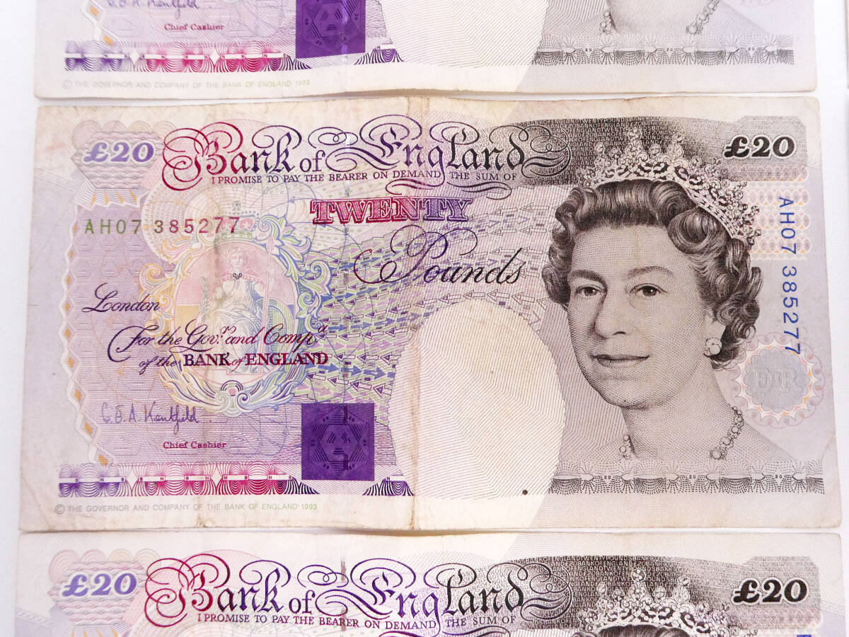 古いイギリス紙幣■1993年20ポンド札×5枚■計100ポンド■BANK of ENGLAND TWENTY POUNDS 貨幣 外貨 旧紙幣 海外 外国 古札 英国の画像3