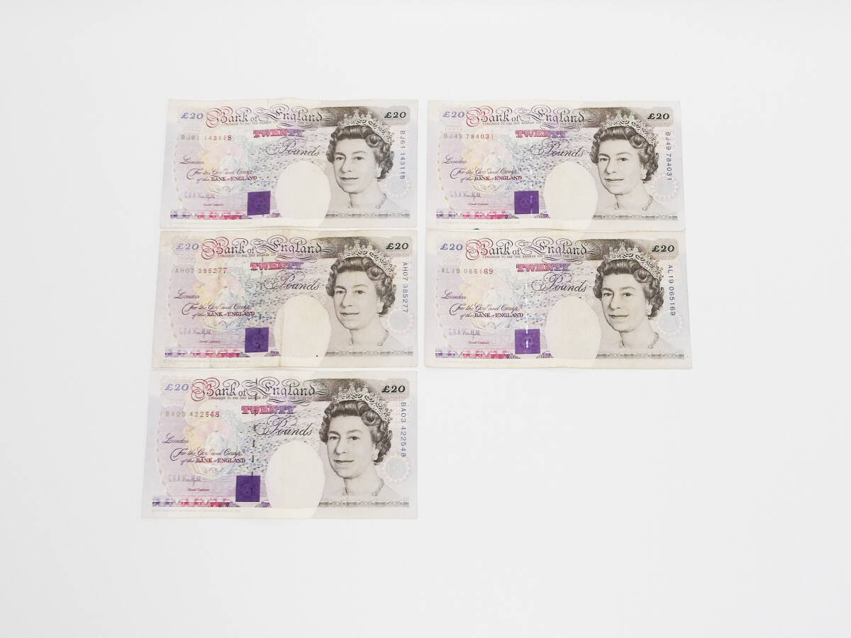 古いイギリス紙幣■1993年20ポンド札×5枚■計100ポンド■BANK of ENGLAND TWENTY POUNDS 貨幣 外貨 旧紙幣 海外 外国 古札 英国の画像1