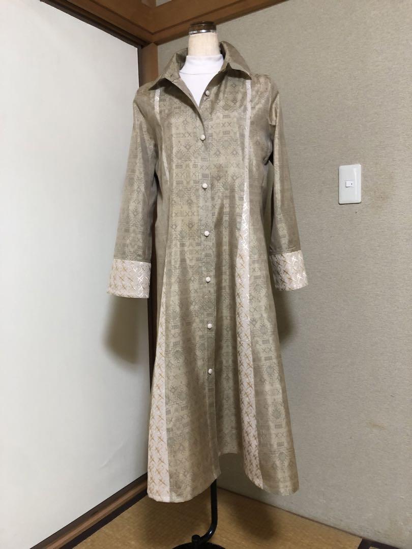  hand made kimono remake Ooshima pongee beige group One-piece coat 11 number height 110cm