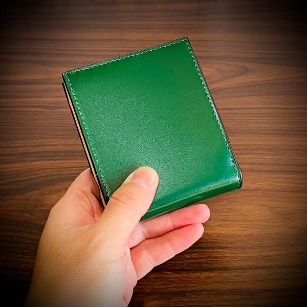 1円 アンティークガラスレザー 二つ折り 財布 カード２１枚収納 大容量 折財布 本革 牛革 グリーン 緑 メンズ財布 革財布 送料無料