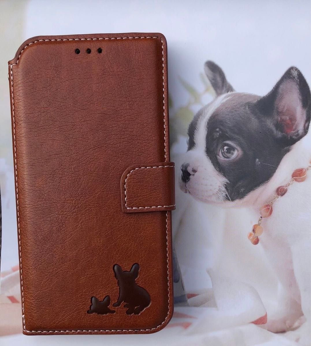 iPhoneXRケース　手帳型　犬　フレブル　可愛い　大人気　親子イヌ焼印　２個で割引　新品未使用　ブラウン カード収納