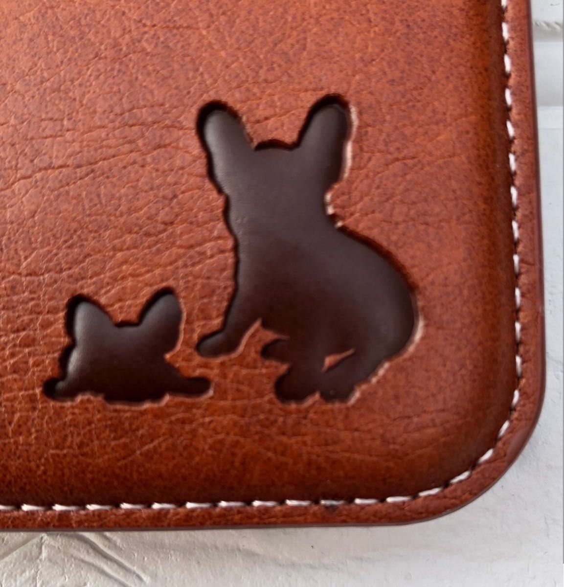 iPhoneXRケース　手帳型　犬　フレブル　可愛い　大人気　親子イヌ焼印　２個で割引　新品未使用　ブラウン カード収納
