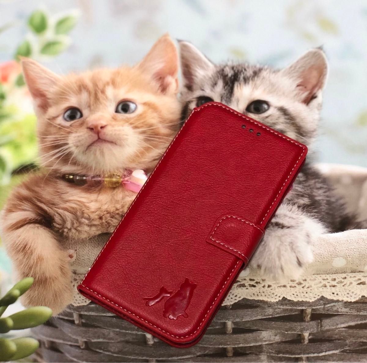 iPhone15ケース　手帳型　猫　２個で割引　仲良し　　　可愛い　親子ネコ焼印　新品　レッド カード収納　ストラップ穴有り
